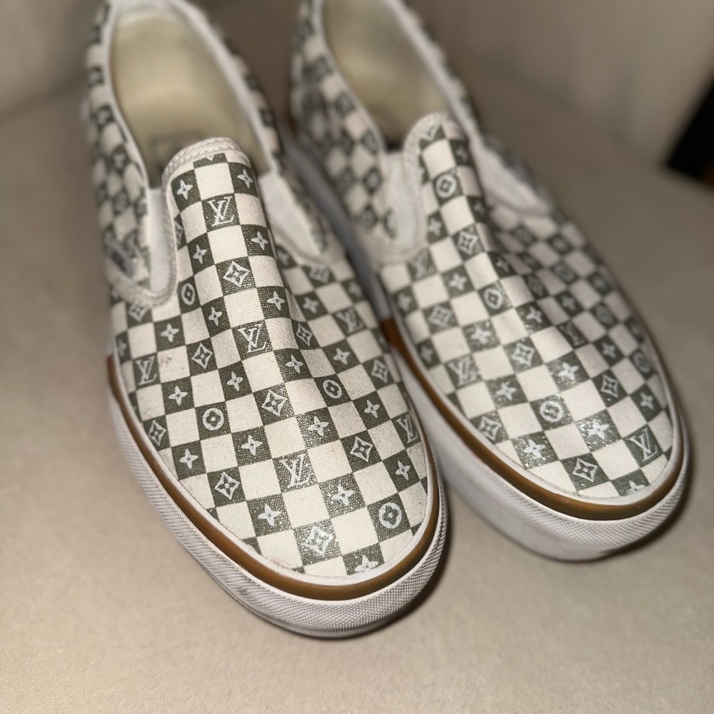 Louis Vuitton Monogram Checkered Slip-Ons in Gray and White